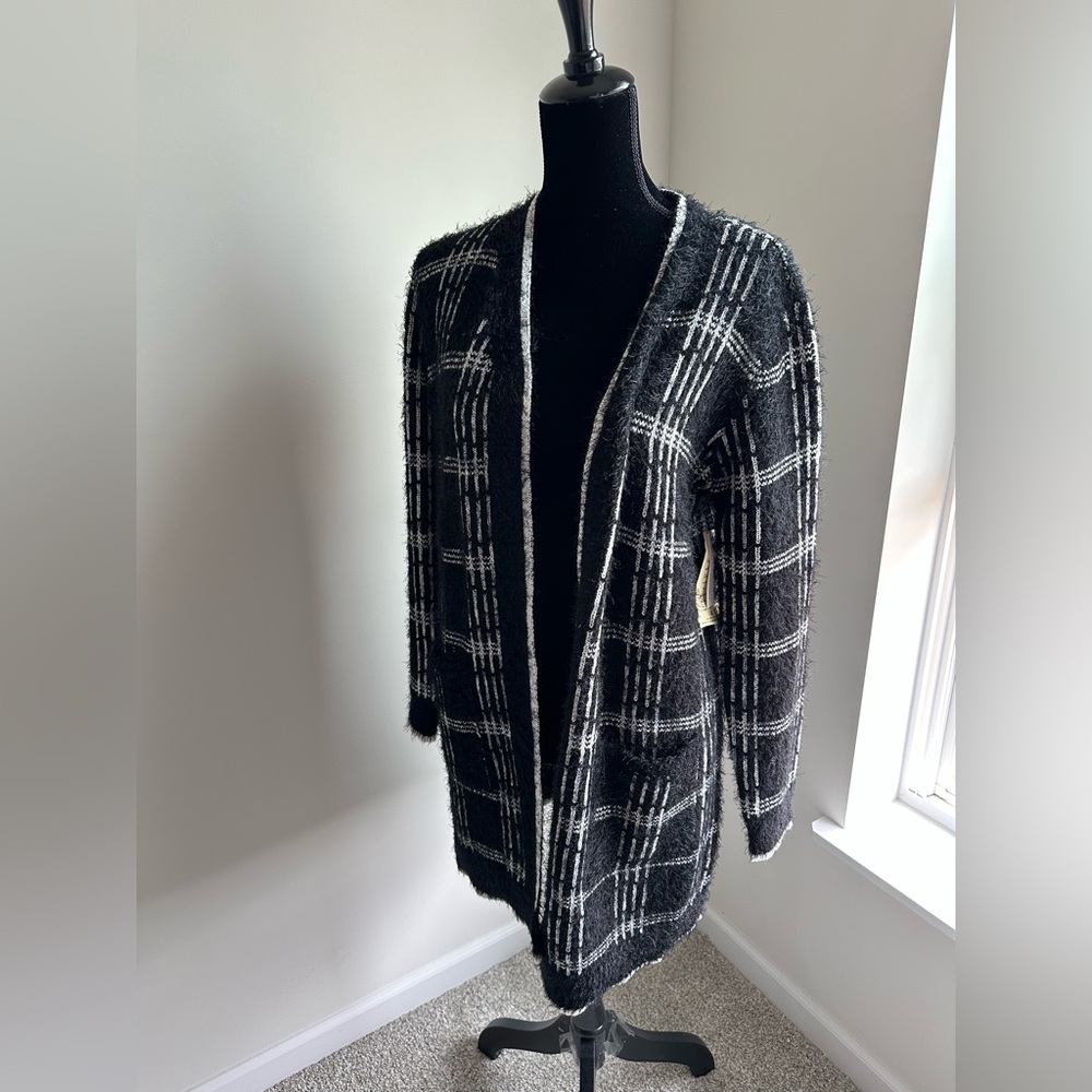 Women’s One World Fuzzy Black & White Plaid Cardigan Sweater